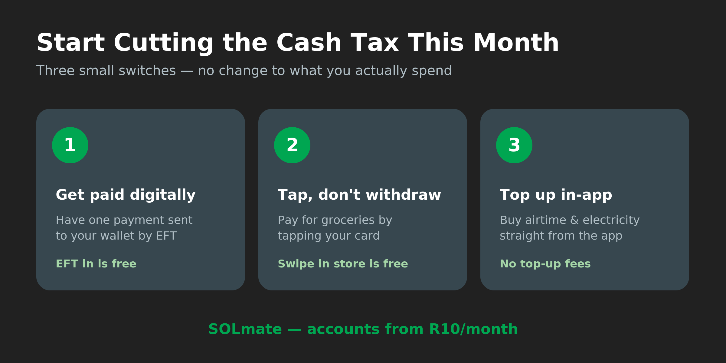 Three steps to cut cash costs with SOLmate: get paid digitally, tap to pay, and top up airtime and electricity in-app