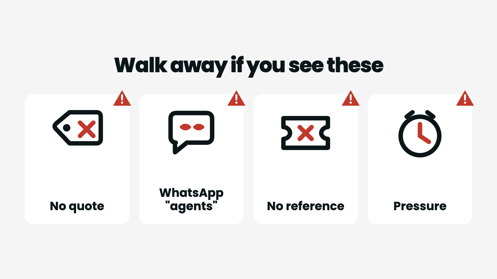 Red flags in money transfer apps — no quote before payment, social media agents, no tracking reference, pressure to hurry